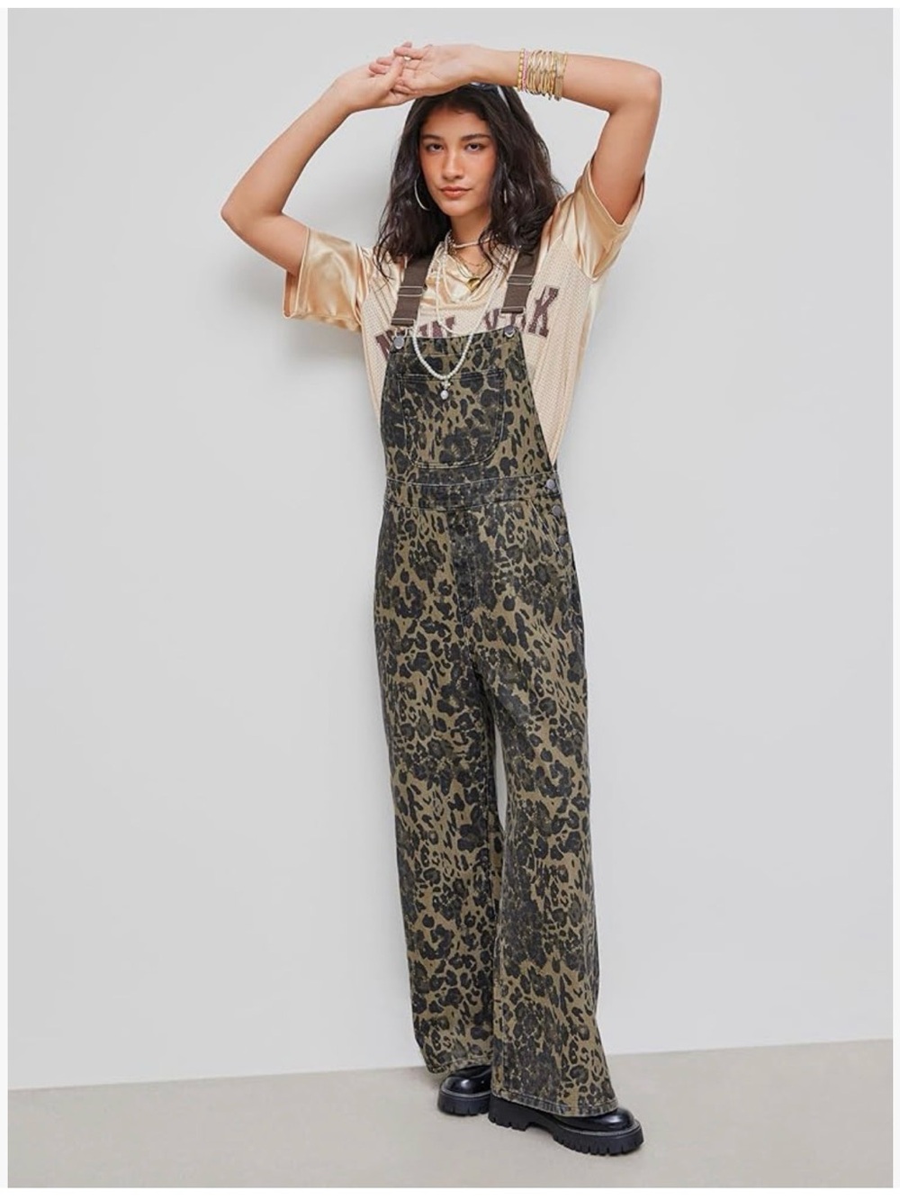 CIDER Overalls for Women Leopard Pocket Buckle Up Wide Leg Jumpsuit